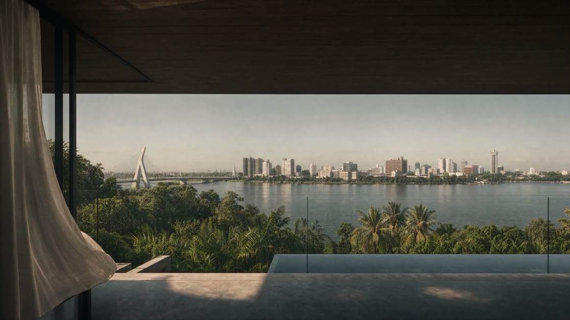 Vue en images de synthèse depuis un balcon : la baie, le pont Alassane-Ouattara et les tours du Plateau.